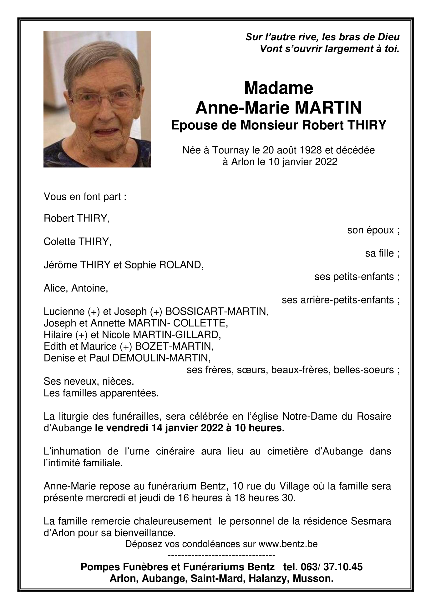 Death of Madame Anne-Marie MARTIN (10/01/2022), Annonce nécrologique